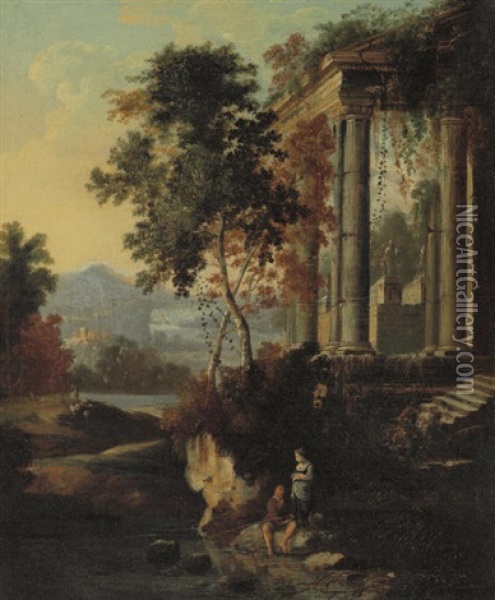 A Woman And A Man Fishing By A Classical Ruin, An Extensive Landscape Beyond Oil Painting - Pierre Antoine Patel