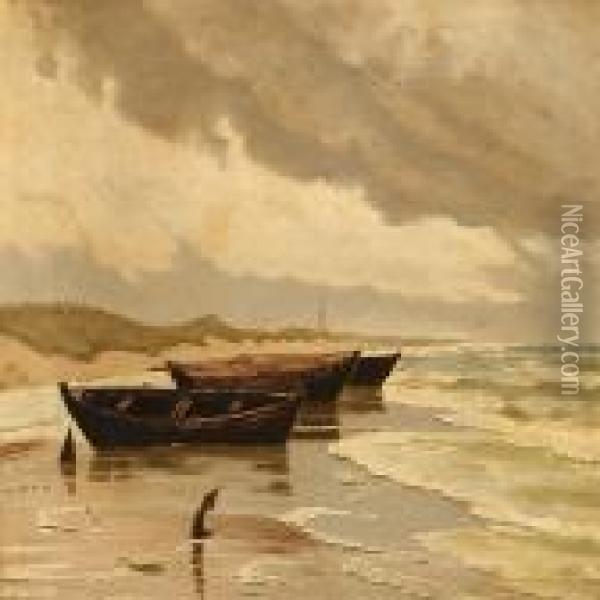 Fishingboats On Skagen Beach Oil Painting - Carl Locher