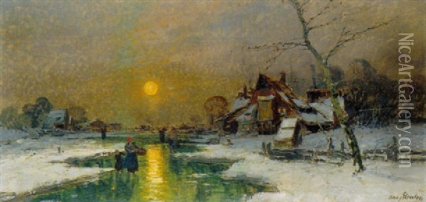 Winterabend In Holland Oil Painting - Johann Jungblut