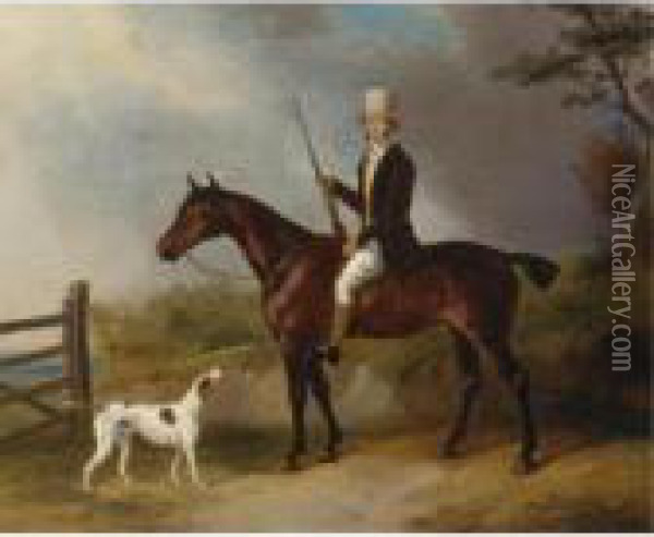 A Gentleman With His Hunter And Pointer Oil Painting - William Barraud