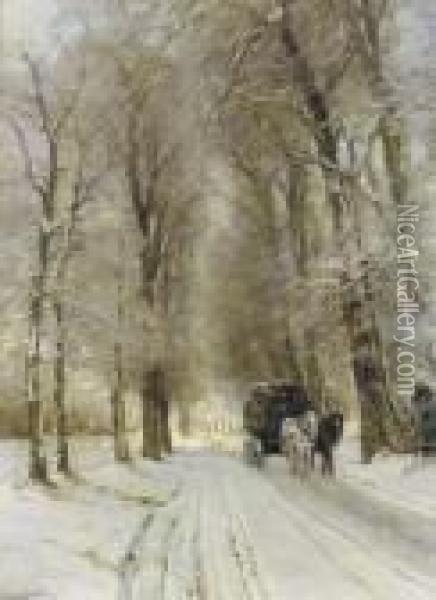 A Horse Drawn Cart On A Snowcovered Forest Track Oil Painting - Louis Apol