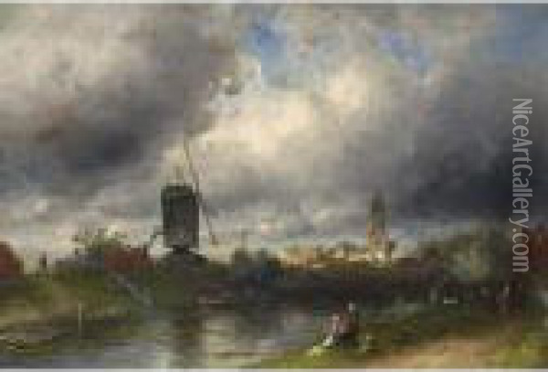 Washer Women On The Waterfront, A Town In The Distance Oil Painting - Charles Henri Leickert