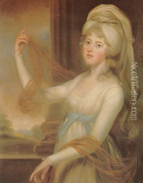 Portrait Of Miss Sarah Dawson, Wearing White Muslin Dress And Turban, Standing On A Balcony Oil Painting - John Russell