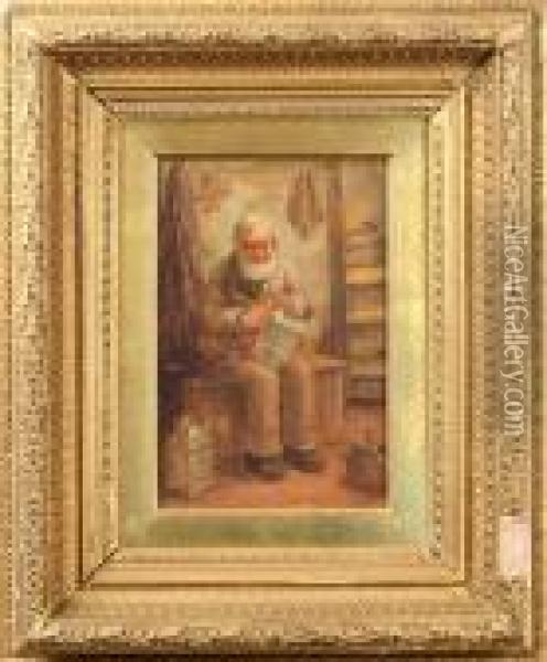 Interior Med Sittande Man Oil Painting - David W. Haddon