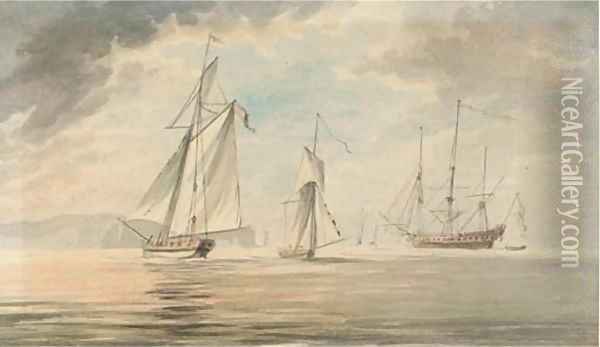 A man-o'war and two cutters off the Needles Oil Painting - John Nixon