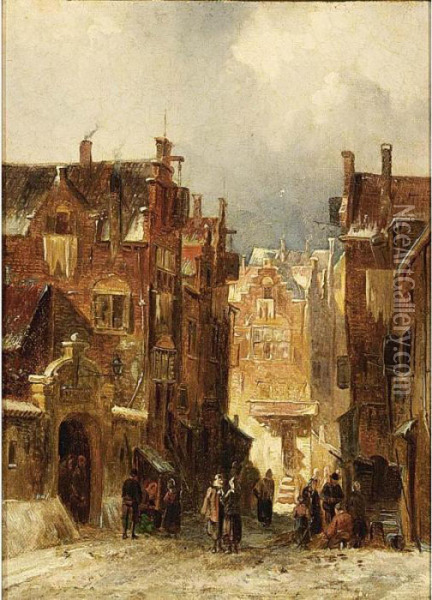 Villagers In The Streets Of A Wintry Dutch Town Oil Painting - Pieter Gerard Vertin