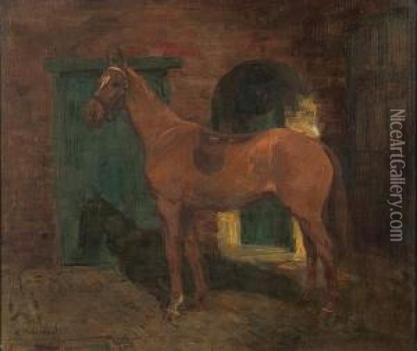 A Saddled Bay Hunter In A Yard Oil Painting - George Denholm Armour