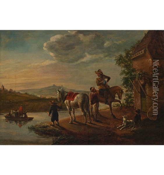 Hugelige Flusslandschaft Mit Boot - Im Vordergrund Manner Mit Pferden Und Hunden Vor Einer Taverne Oil Painting - Abraham Van Calraet