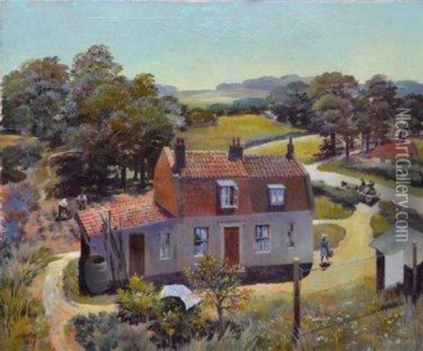Red Tiled House In Extensive Village Landscape Oil Painting - John Hemming Fry