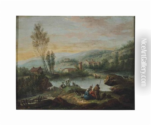 A Village Landscape With Peasants Resting By The River (+ A Companion Painting; 2 Works) Oil Painting - Nicolas-Jacques Juliard