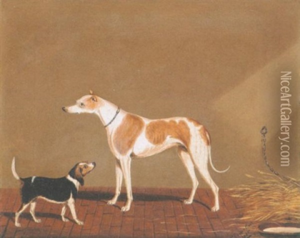 A Greyhound And A Beagle In A Stable Oil Painting - Edwin (of Bath) Loder