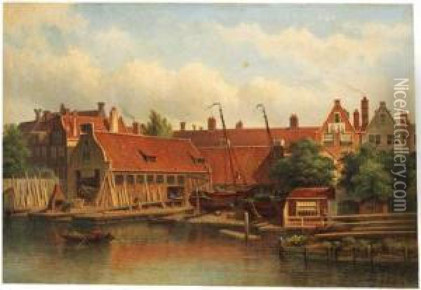 View Of A Shipyard At The Lijnbaansgracht, Amsterdam Oil Painting - Eduard Alexander Hilverdink