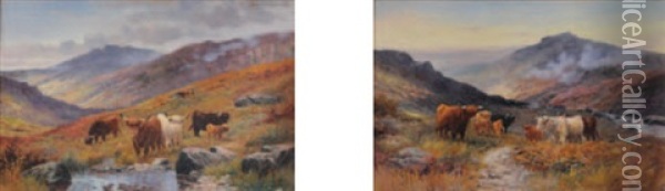 Cattle In The Highlands (+ Another; Pair) Oil Painting - William Langley