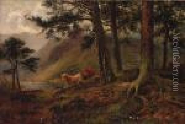 Highland Cattle In A Loch Landscape Oil Painting - Louis Bosworth Hurt