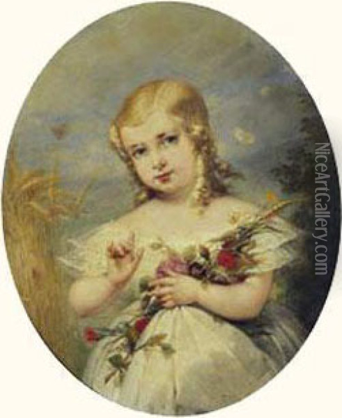 Portrait De Petite Fille Au Bouquet De Fleurs Oil Painting - Aimee, Nee Pages Brune