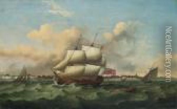 A Man-o'-war And Other Shipping, In A Heavy Swell Off The Southcoast Oil Painting - Thomas Luny