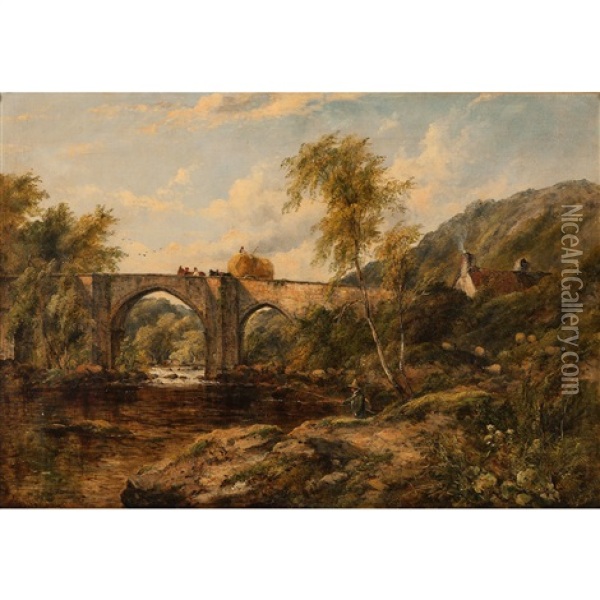 Landscape With Bridge, Cottage And Fisherman Oil Painting - Frederick Waters Watts