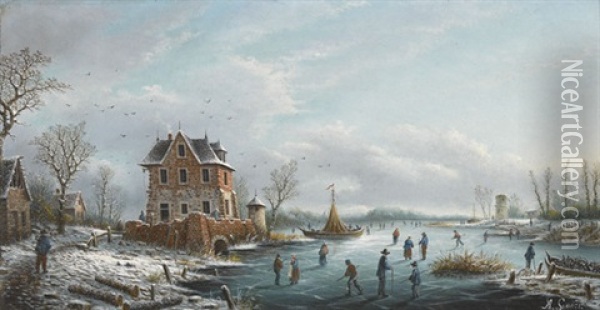 Winterliches Eisvergnugen Oil Painting - Albert-Alexandre Lenoir