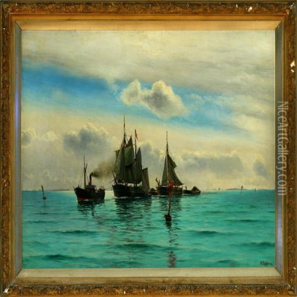 Danish Marine With Towed Ships Oil Painting - Holger Peter Svane Lubbers