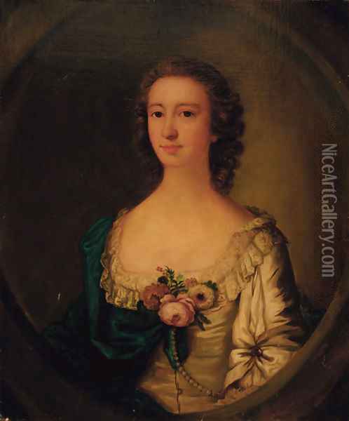 Portrait of a lady, half-length, in a white dress with a blue wrap and flowers at her corsage, feigned oval Oil Painting - Francis Cotes
