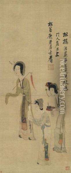 Lady With Attendants Oil Painting - Chen Hongshou