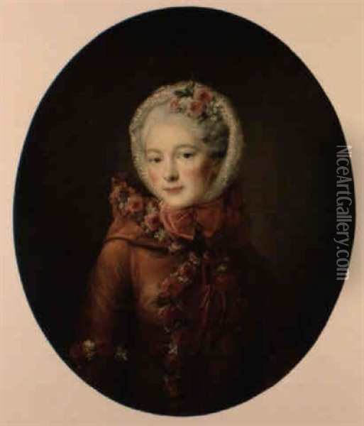 Portrait De Jeune Femme Au Manteau Orne De Roses Oil Painting - Francois Hubert Drouais
