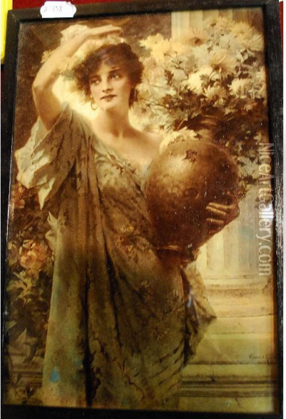 Print On Glass Of A Woman Carryingan Urn In The Classical Style Oil Painting - Conrad Kiesel