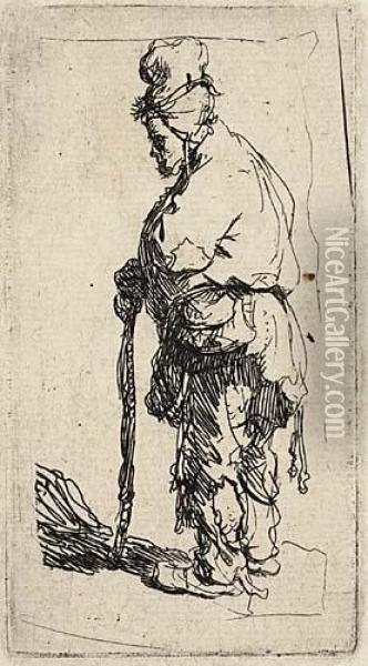 Beggar Leaning On A Stick, Facing Left Oil Painting - Rembrandt Van Rijn