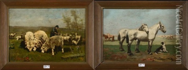 Chevaux Au Pre Et Bergere Et Son Troupeau (pair) Oil Painting - Jean Baptiste de Greef