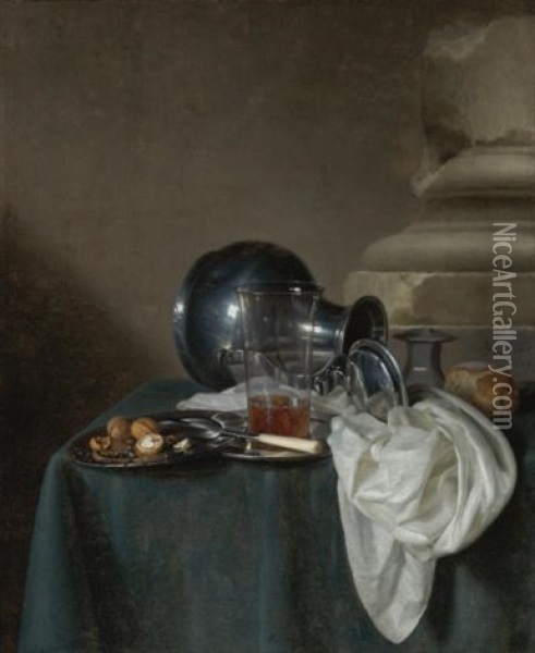 A Still Life With A Pewter Jug On Its Side, A Glass Of Ale, A Salt Cellar, A Bread Roll And Other Objects On A Table Draped In A Dark Green Cloth Oil Painting - Simon Luttichuys