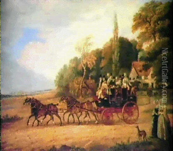 The Lawrence Commercial Oxford To London Coach, With A      Distant View Of Oxford Oil Painting - James Pollard