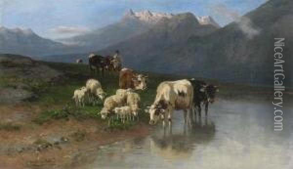 Kuhe Und Schafe Am Ufer Eines
 Gebirgssees. Oil Painting - Christian Friedrich Mali
