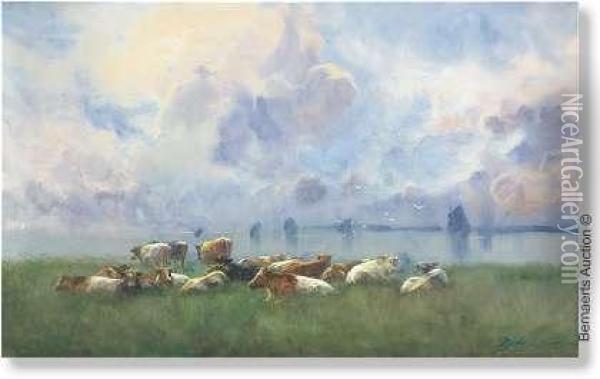 Cows In The Meadow Near The Water Oil Painting - Maurice Hagemans
