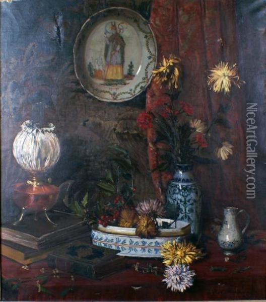 Nature Morte Au Vase De Fleurs, A La Lampe A Petrole Et A L'assiette En Nevers Oil Painting - Victor Richard