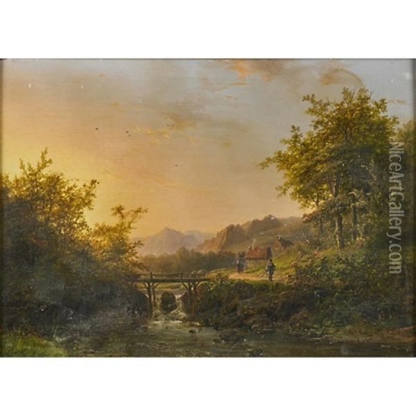 Mountainous River Landscape With Bridge Oil Painting - Johann Bernard Klombeck