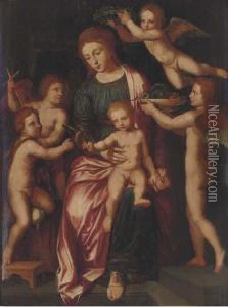 The Virgin And Child With The Infant Saint John The Baptist Andthree Putti Oil Painting - Vincent Sellaer