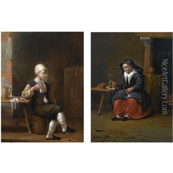 A Man Sitting At A Table And Smoking In An Inn ( + An Elderly Woman Smoking And Holding A Wine Glass In An Inn; Pair) Oil Painting - Francois Paludanus Zevenbergen