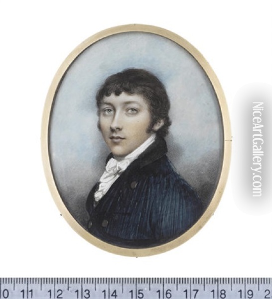 A Young Gentleman, Wearing Dark Blue Coat With Black Collar, White Frilled Chemise, Stock And Cravat Oil Painting - Andrew Plimer