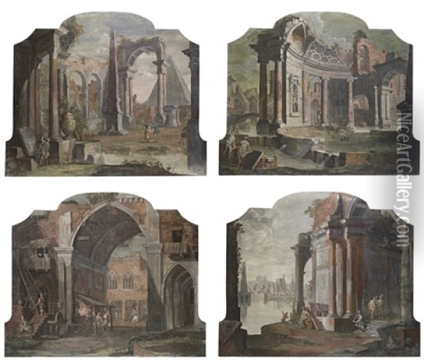 A Capriccio With An Obelisk And A Pyramid (+ 3 Others; 4 Works) Oil Painting - Pietro Paltronieri