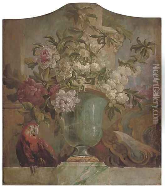 Flowers in an urn with a parrot on a ledge an overdoor Oil Painting - Jacob Bogdani