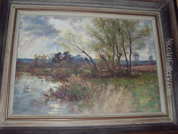 A River Landscape With Rain Clouds Beyond Oil Painting - Valentine, Val Davis