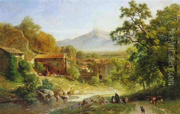 Village Dans Les Pyrenees Oil Painting - Joseph Quinaux