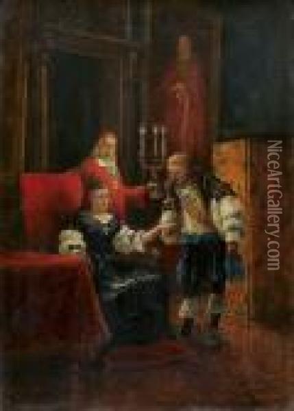 Louis Xiv Enfant Rendant Visite A Sa Mere Anne D'autriche Et Au Cardinal Mazarin Oil Painting - Benjamin Eugene Fichel