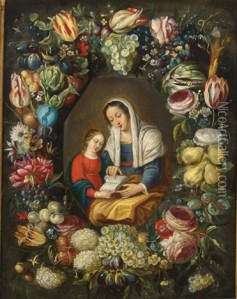 The Madonna And Child Surrounded By A Garland Of Different Flowers And Fruits (in Collab. W/follower Of Frans Francken The Younger) Oil Painting - Philippe de Marlier