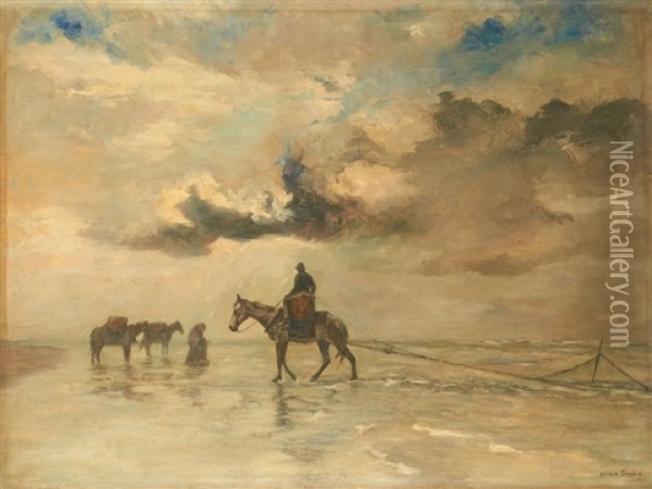 Pecheurs De Crevettes A Oostduinkerke Oil Painting - Arthur (Traelliw) Willaert