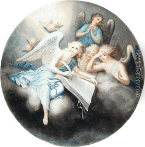 Oval Biblical Scene With Angels Oil Painting - William Hincks