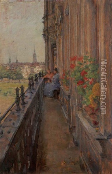 Balkonszene Mit Blick Auf Dresden Oil Painting - Gotthardt Johann Kuehl