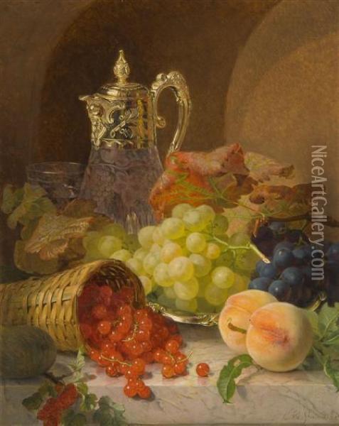 Still Life Of Fruit And Vine Leaves Together With A Claret Jug, Basket And Dish Oil Painting - Eloise Harriet Stannard