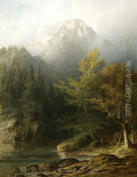 Romantische Gebirgsseelandschaft Mit Rotwild Oil Painting - Luitpold Faustner