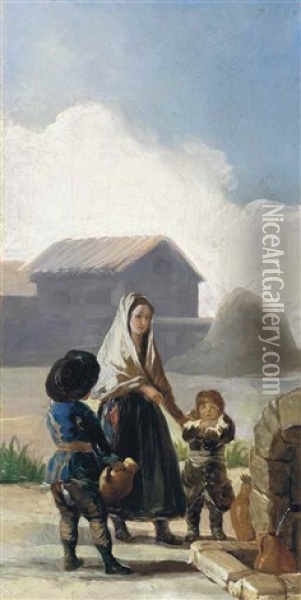 A Woman And Two Boys By A Fountain - A Sketch Oil Painting - Francisco Goya